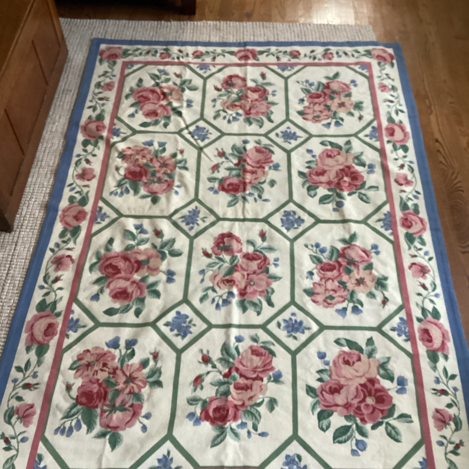 6×8.6′ French Aubusson Needlepoint Area Rug Floral Trellis Pink Blue Wool *Mint*