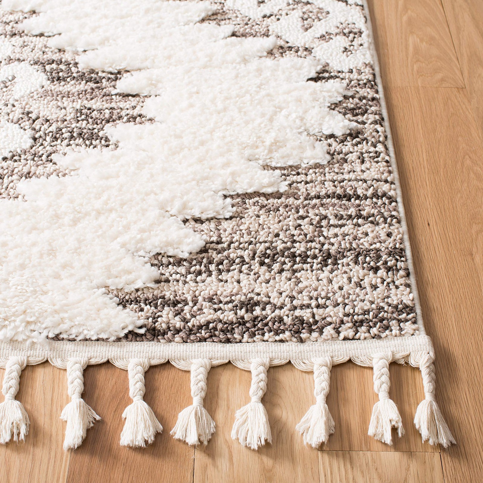 Moroccan Tassel Shag Collection Runner Rug – 2’3″ x 8′, Ivory & Brown, Boho D…