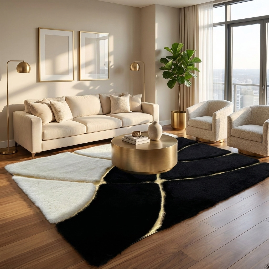 Luxury Plush Rug 8×10 Ft Black White Gold Abstract Soft Area Carpet Handmade