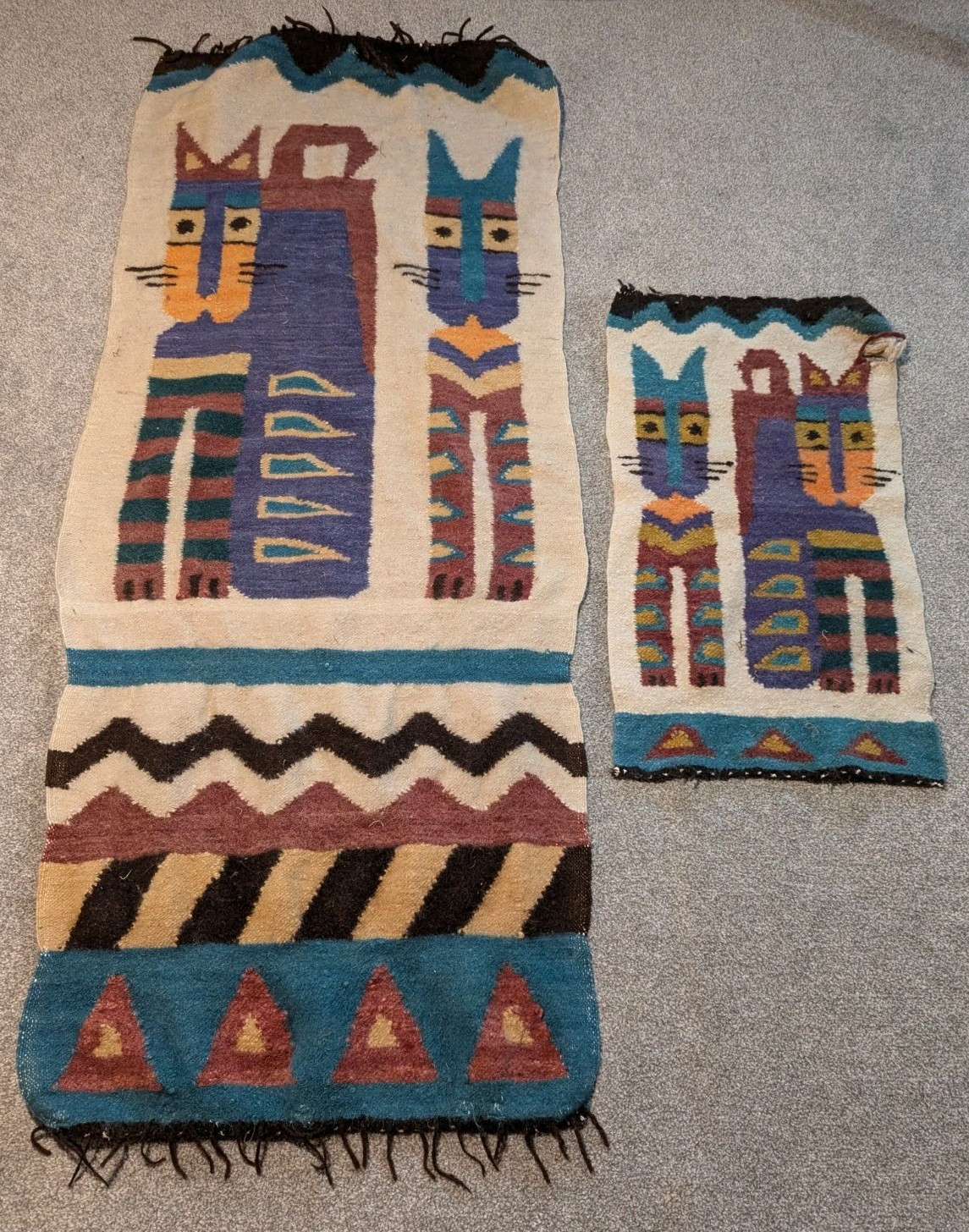 South American Wall Hanging Lot Handmade Folk Art Woven Wool Cats Rug Tapestry