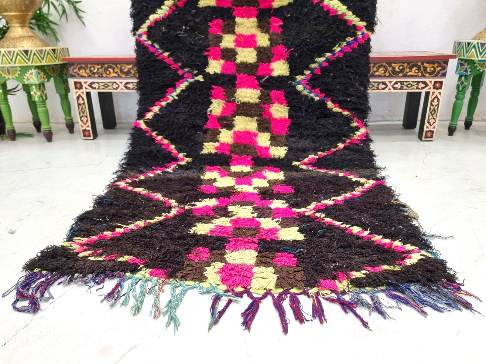 Moroccan Handmade Vintage Rug 2’8×6’8 Berber Checkered Black &Pink Cotton Carpet