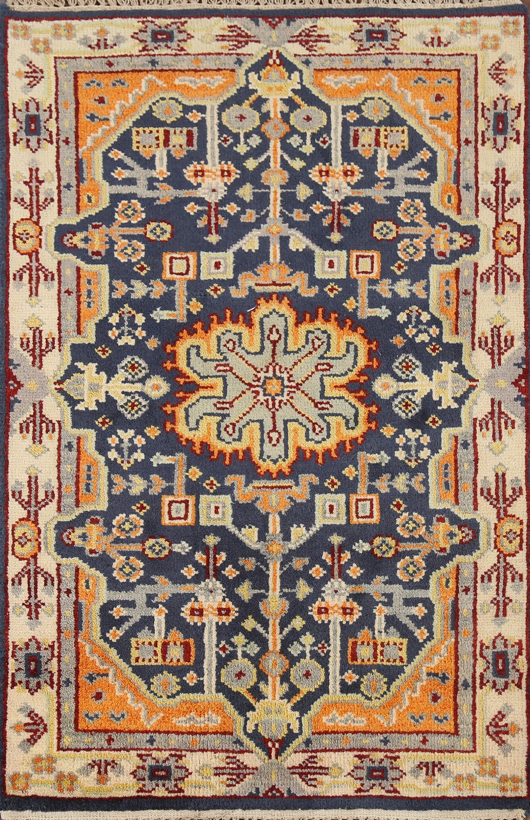 Blue Geometric Kazak Accent Rug 3×5 Hand-knotted Wool Oriental Carpet for Foyer