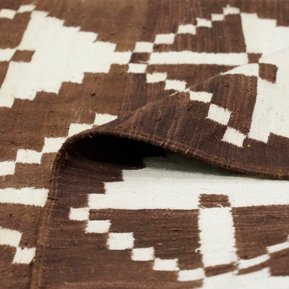 Punjabi Dhurrie Rug 3.6×6.6 ft Brown Ivory Cotton Kilim Handmade Reversible Rug