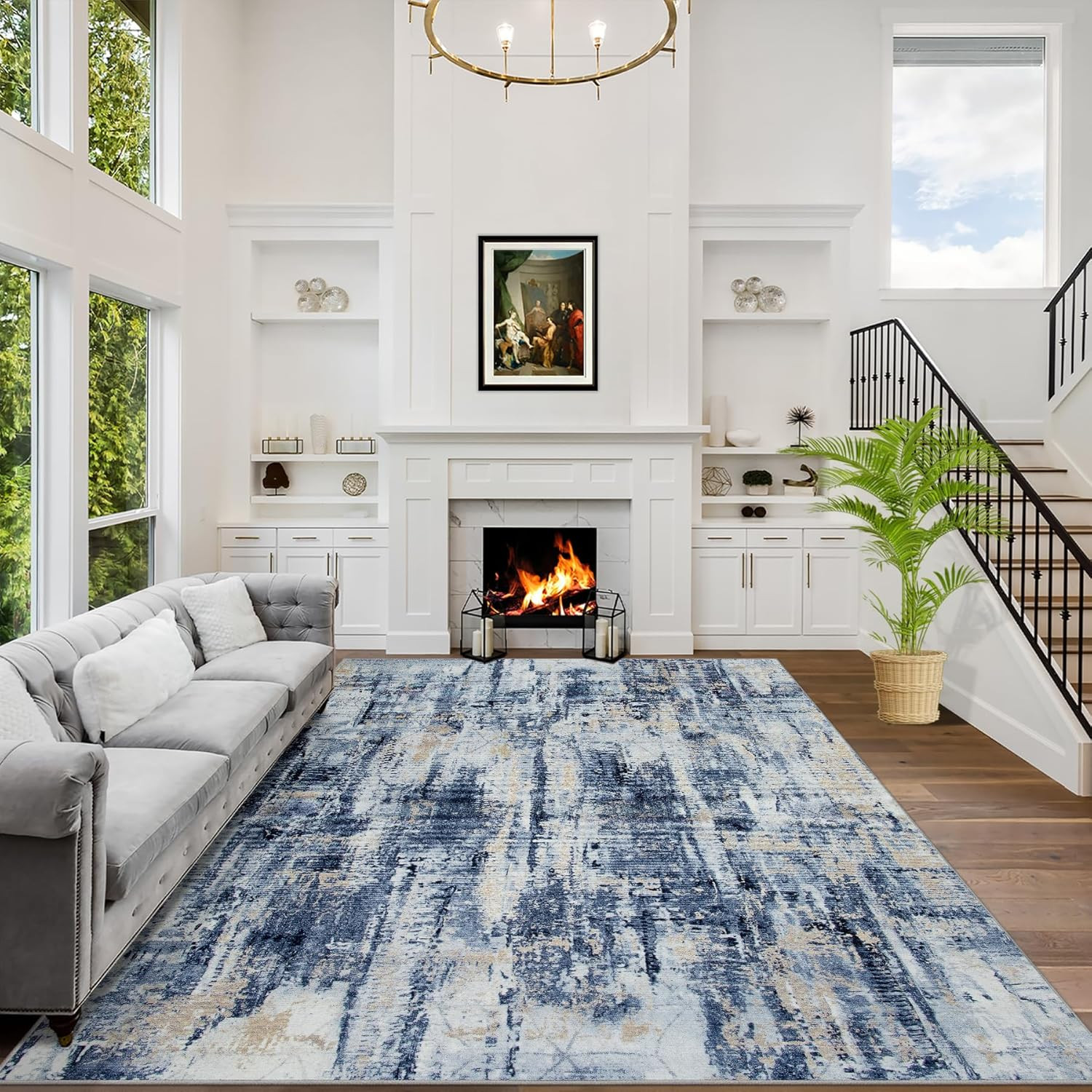 Modern 9×12 Washable Area Rug – Soft Non-Skid Abstract Design in Blue Gold