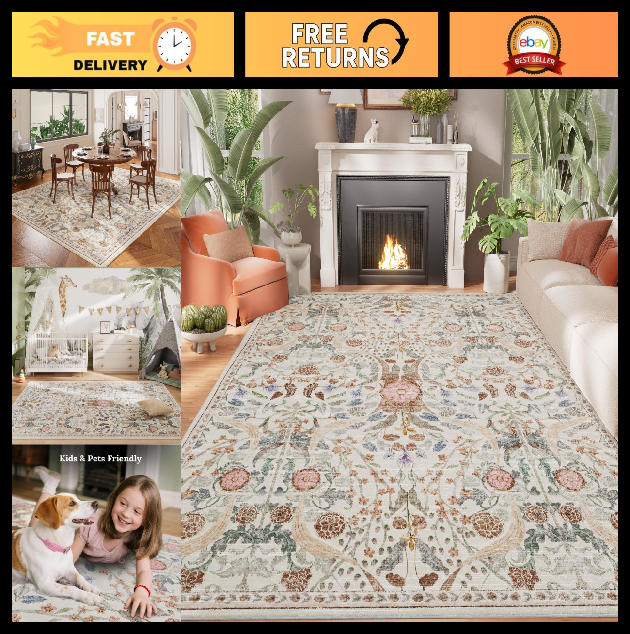 5×7 Washable Area Rug – Vintage Boho Floral Non-Slip Carpet for Living Room, Bed
