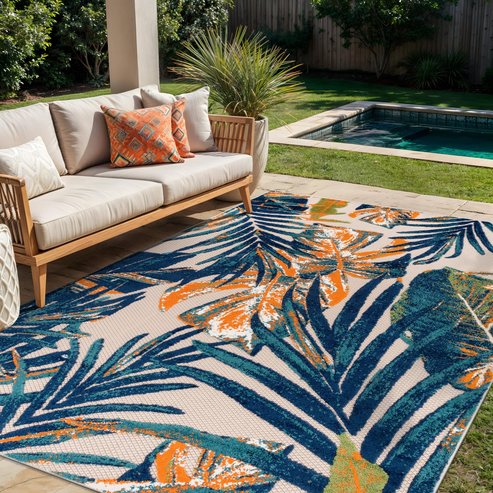 Tropical Floral Leaves Indoor/Outdoor Area Rug Durable Polypropylene, Non-She…
