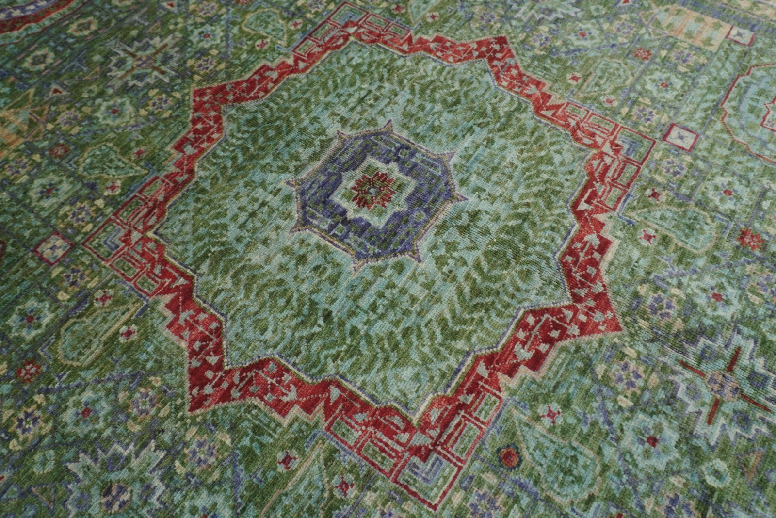 5×7 ft Green Mamluk Afghan Hand Knotted Wool Medallion Rug