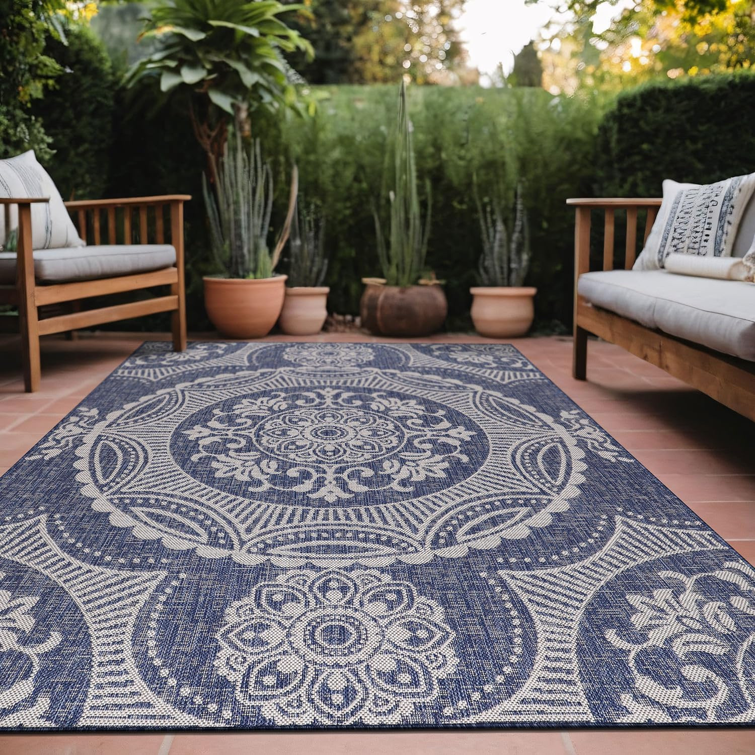 Blue Medallion Outdoor Rug 6×9 – Washable, Waterproof, Easy Clean Area Carpet