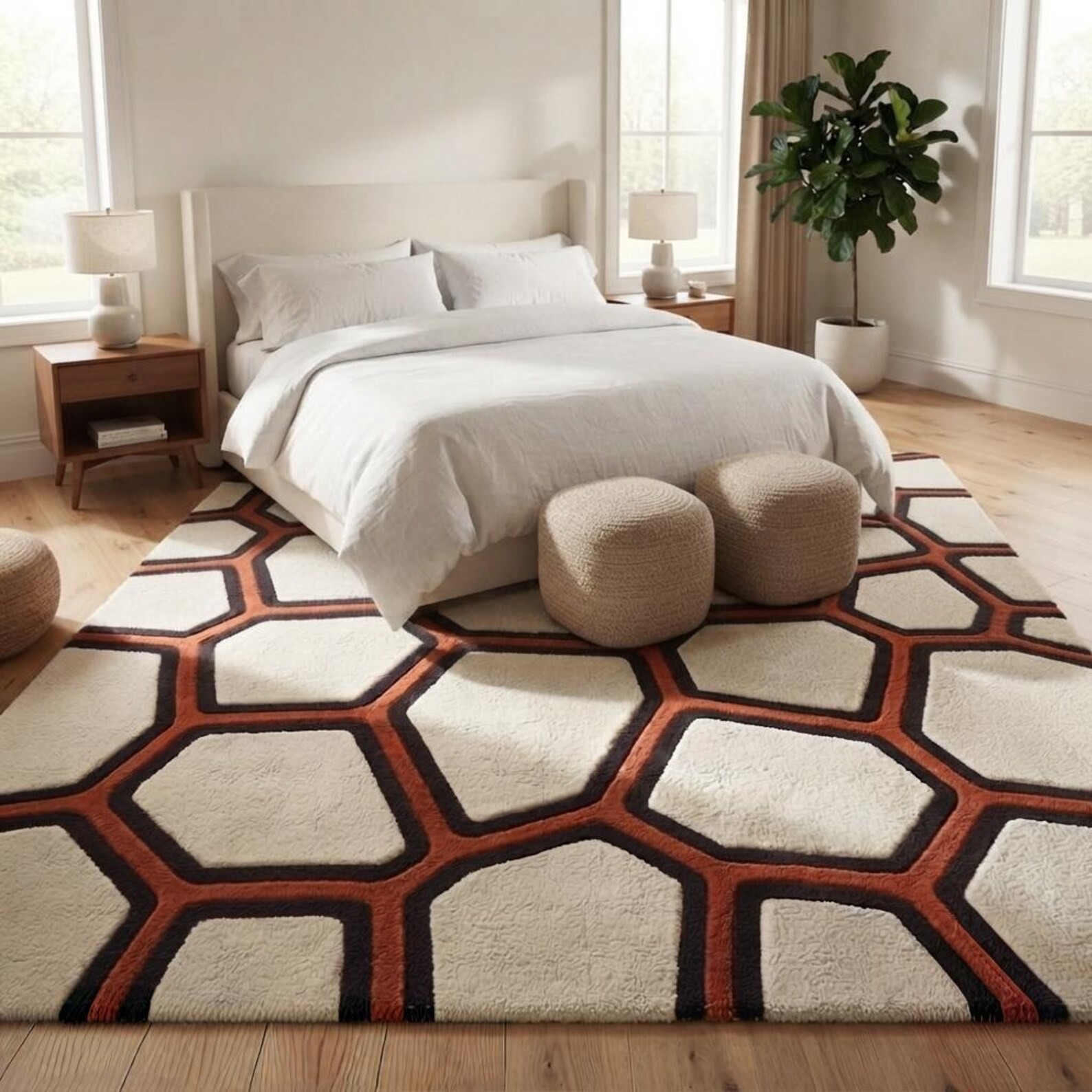Hand Tufted Wool Area Rug Ivory Rust Black Carpet Honeycomb Rug Living Room
