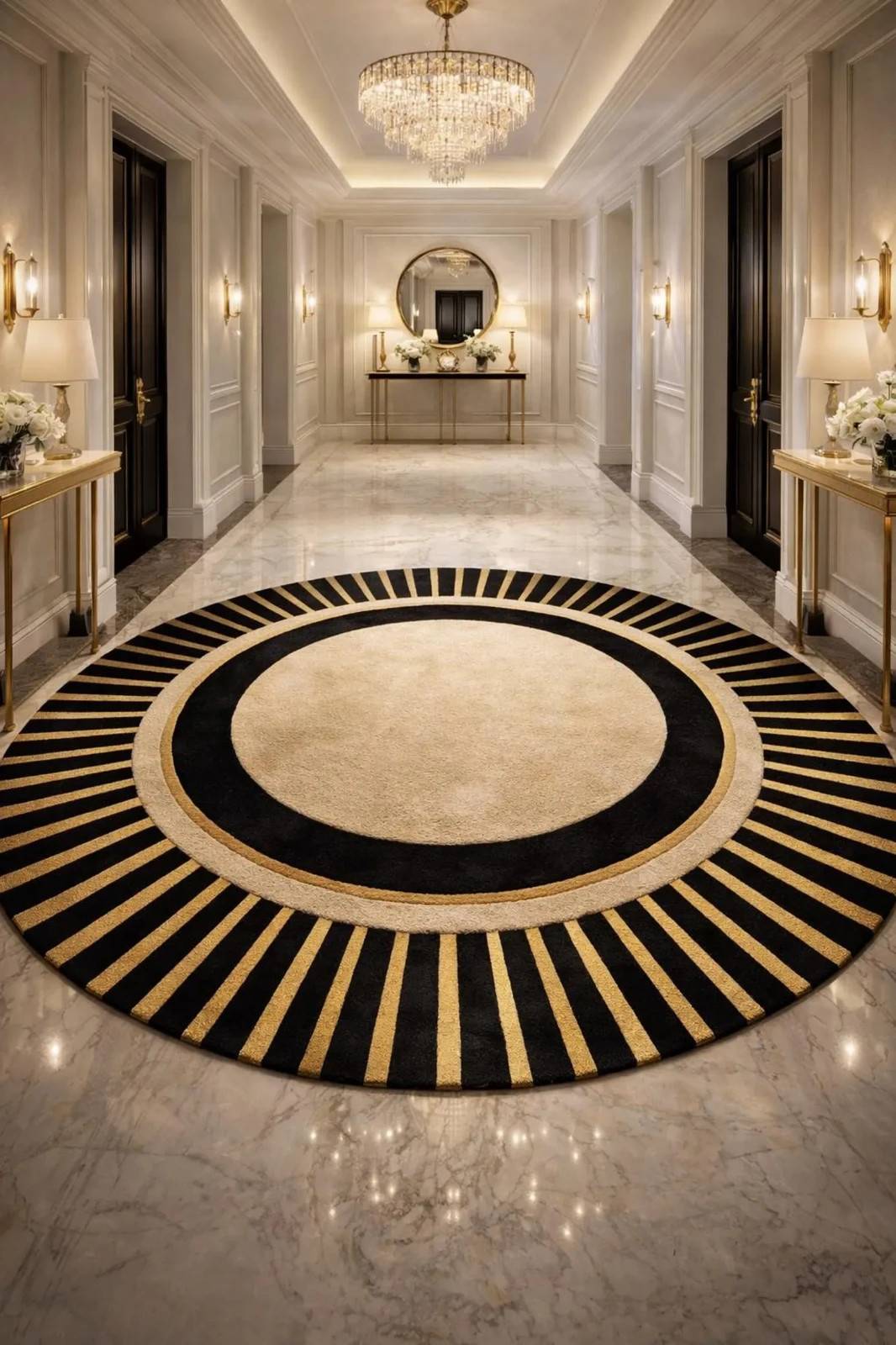 Black gold round rug hand tufted wool art deco rug modern geometric sunburst rug