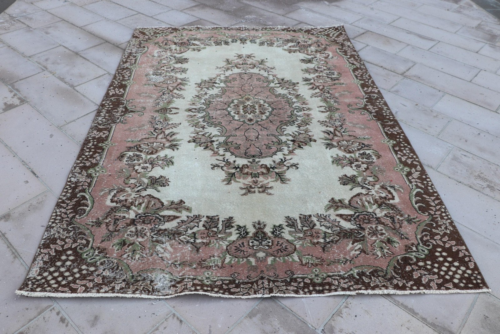 6,5×9,1 ft Vintage Large Rug, Brown Pink Turkish Check Wool Rug