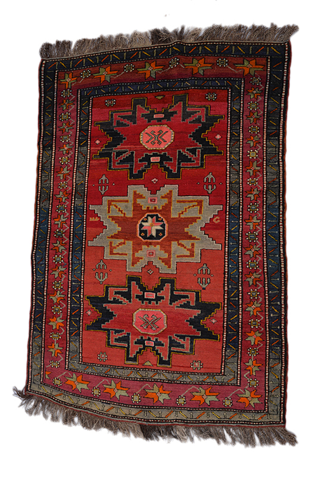 One of a Kind Carpet Handmade Vintage Tribal Geometric Kazak 4 x 6 Red Area Rug