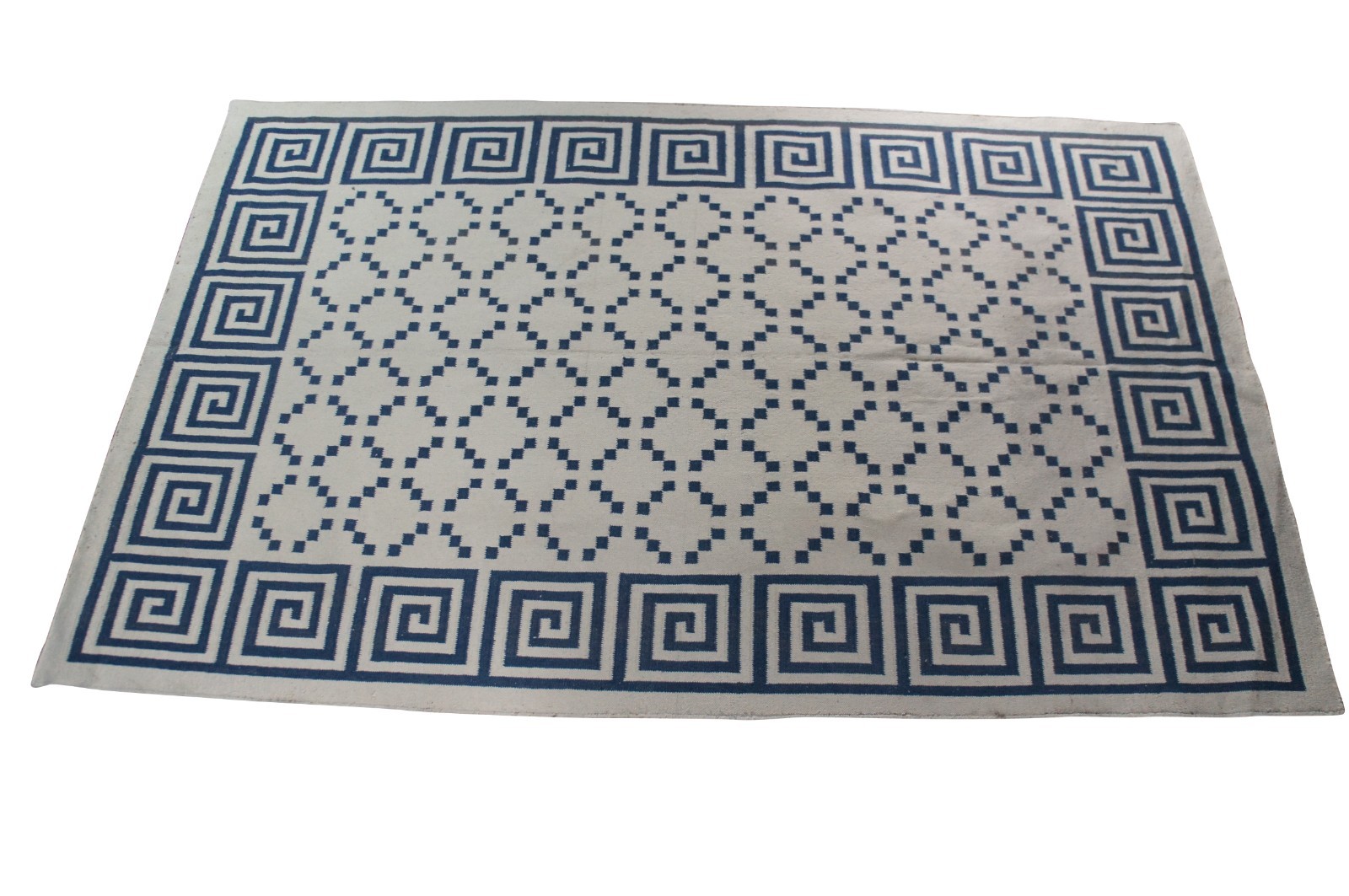 Vtg Blue & White Geometric Greek Key Cotton Flatweave Kilim Area Rug Carpet 6×9′