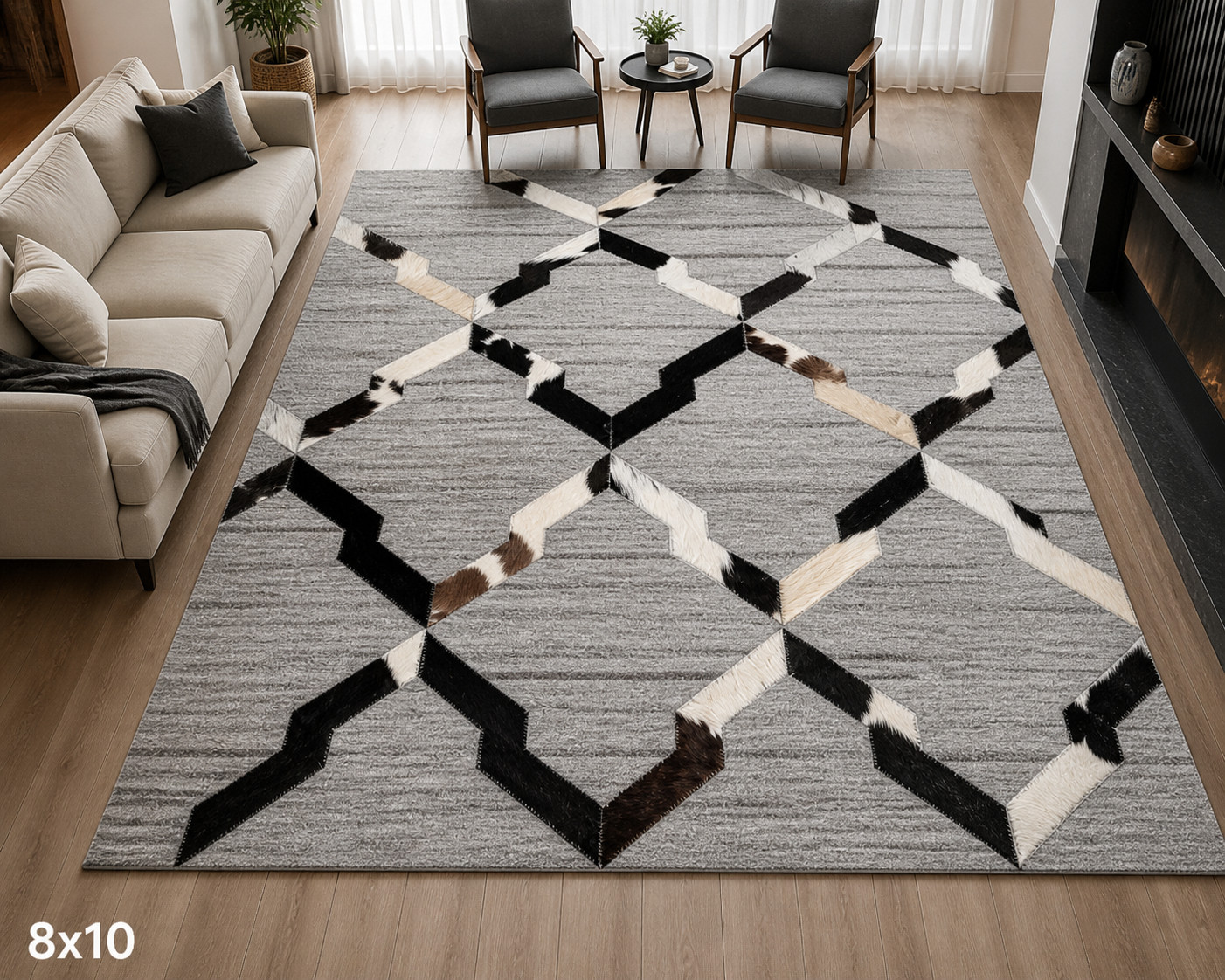 Modern Geometric Area Rug Grey Black Cowhide Pattern Carpet Living Room Rug