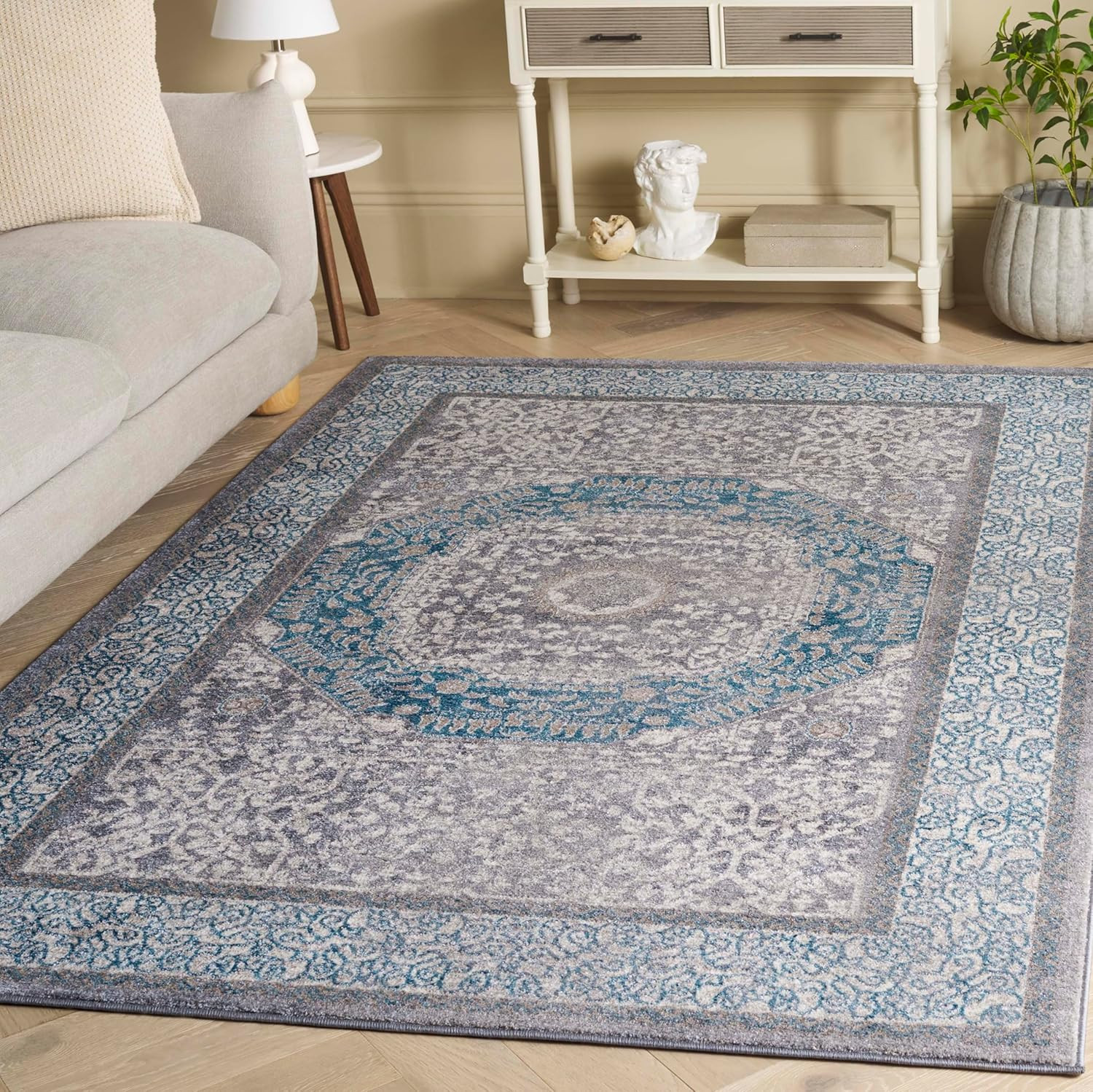 Sofia Collection Area Rug – 5’1″ X 7’7″, Light Grey & Blue, Vintage Oriental Dis