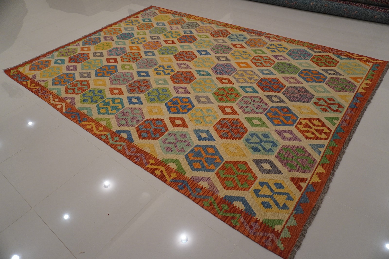 8×11 ft Beige Afghan Handmade Geometric Wool Kilim Area Rug (8’2″x11’6″)