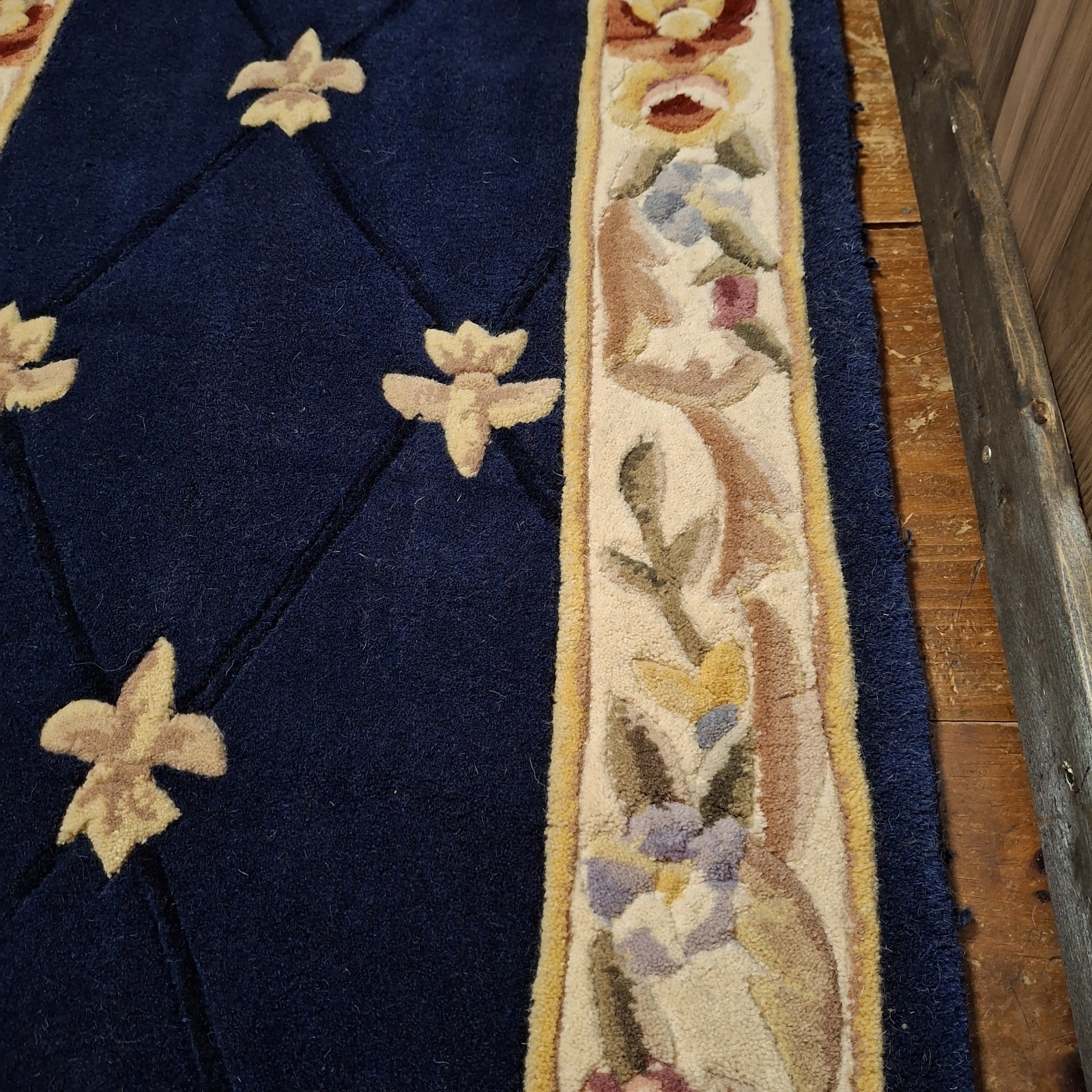 Vintage Floral 100% Wool Pile Rug 2X3X10ft Navy Blue Royal Palace Fleur de Lis