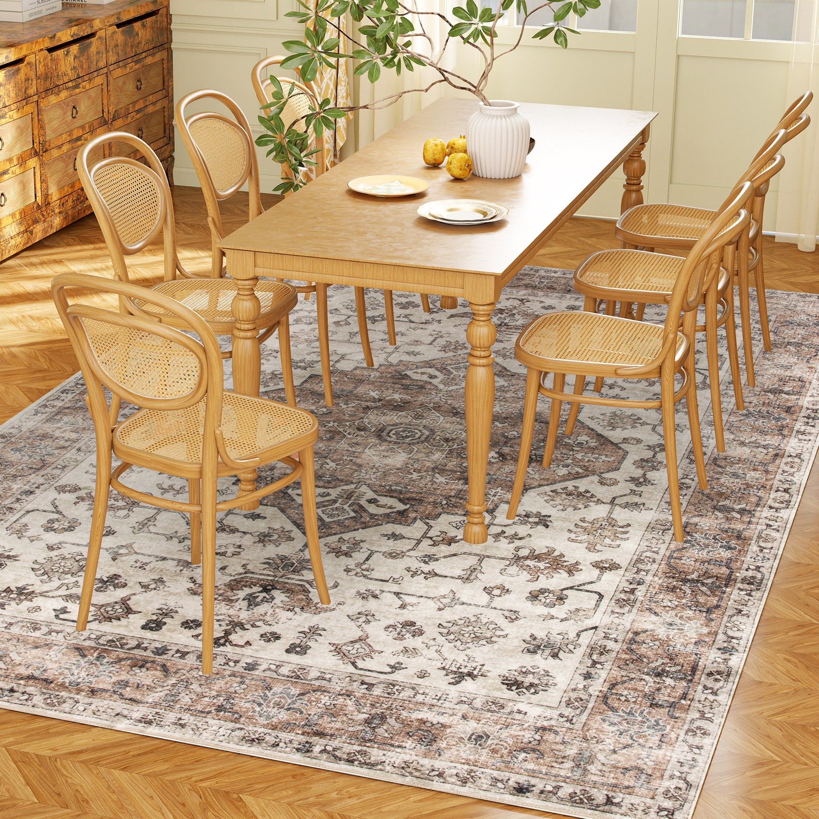 5×7 Area Rug, Vintage Machine Washable Rug for Living Room, Tan