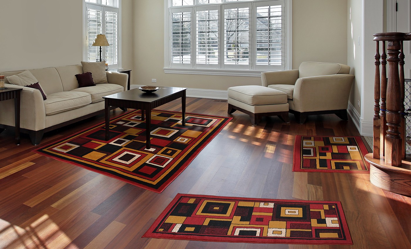 Red Modern Geometric Squares 3 Pcs Area Rug Contemporary Runner Combo Mat Set
