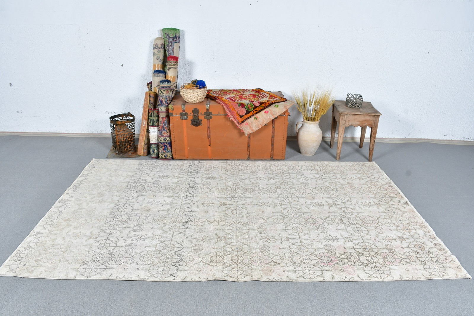 Turkish 4,8×8,2 ft Rug, Area Vintage Rug, White Pink Oriental Wool Rug
