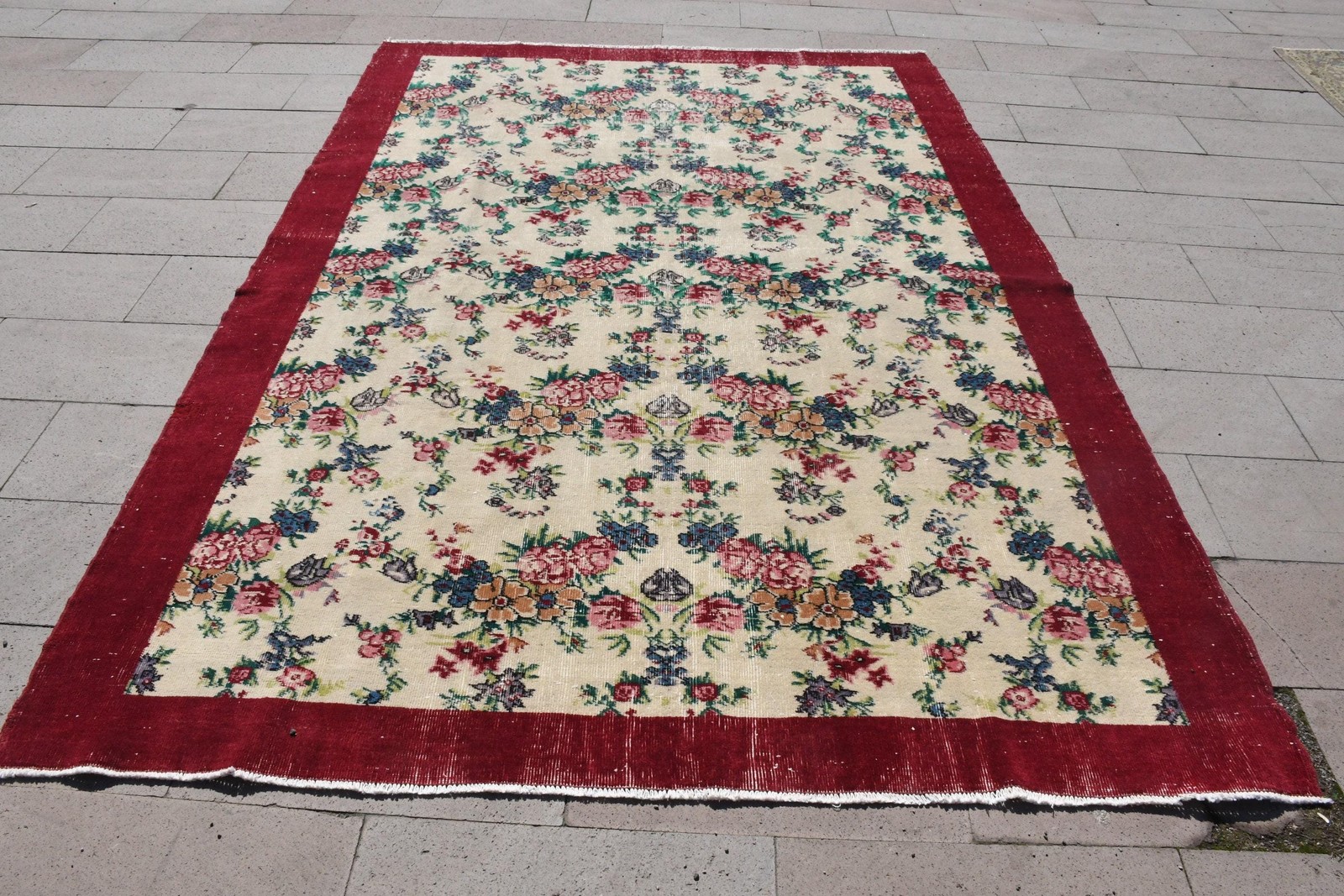 6,8×9,9 ft Vintage Rug, Red Floral Turkish Wool Rug