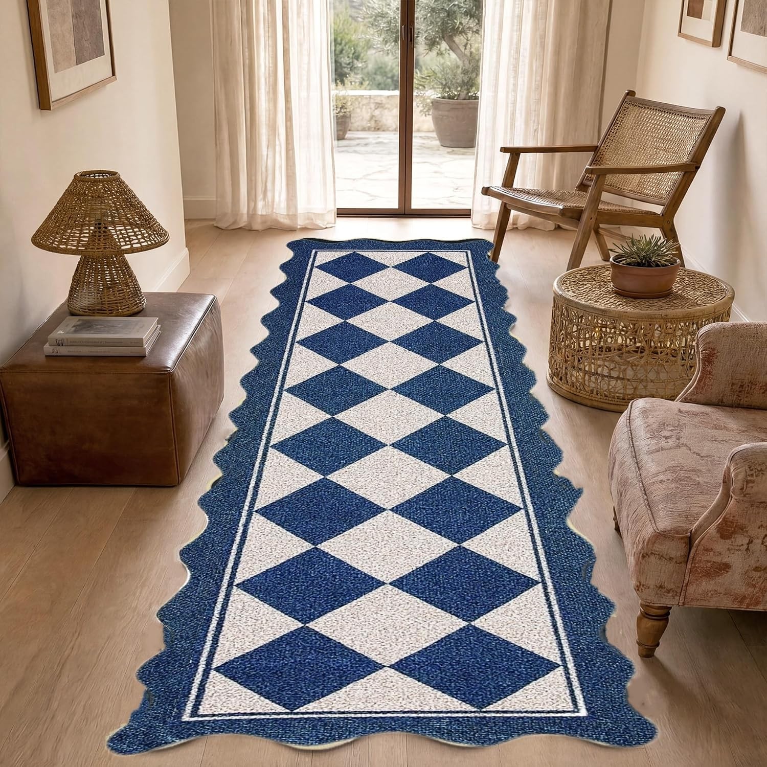 Scalloped Checkerboard Black White 5×7 Jute Washable Area Rug Living Room Patio