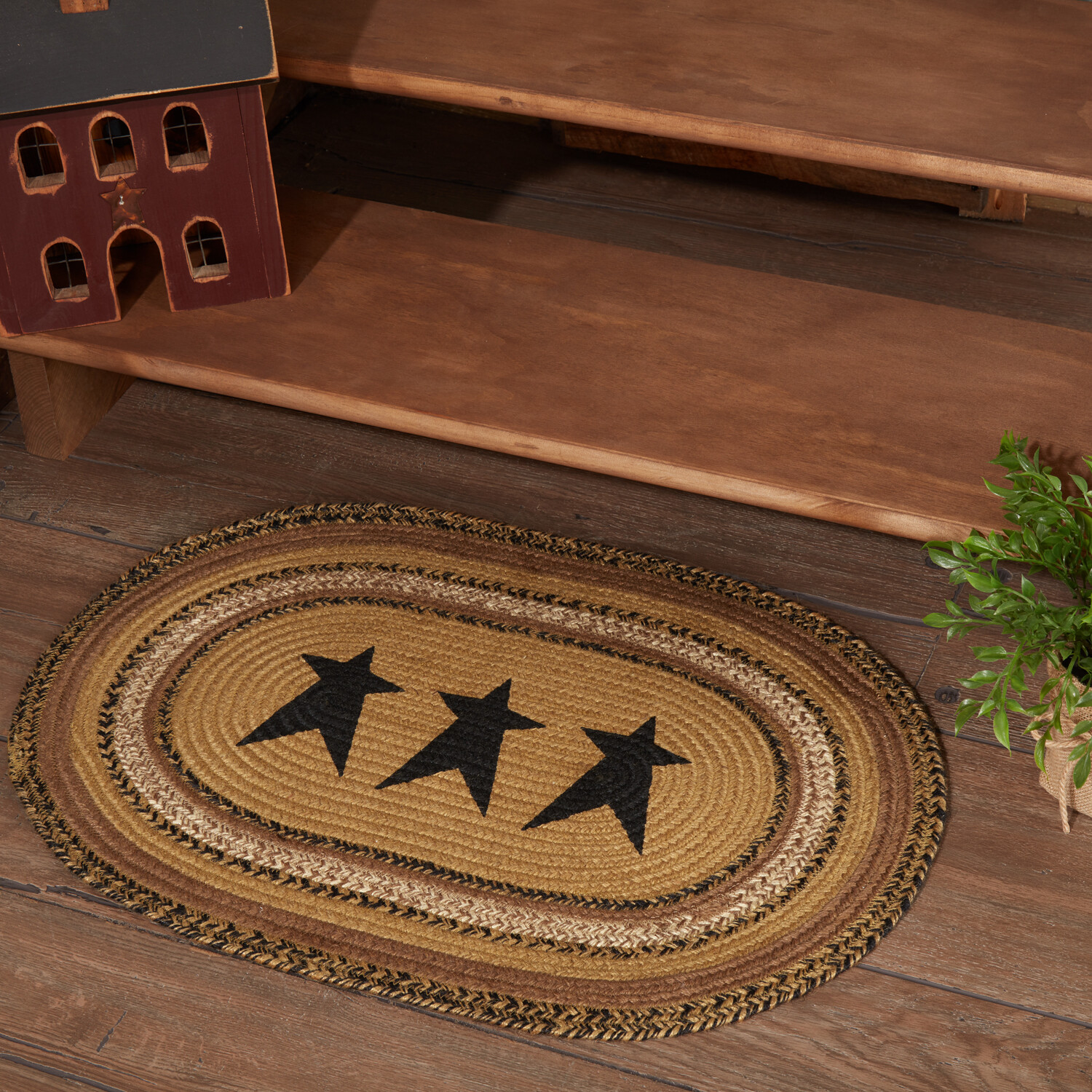 Eco-Friendly Braided Oval Rug w/ Stars Caramel Brown & Non-Slip Pad Kettle Grove