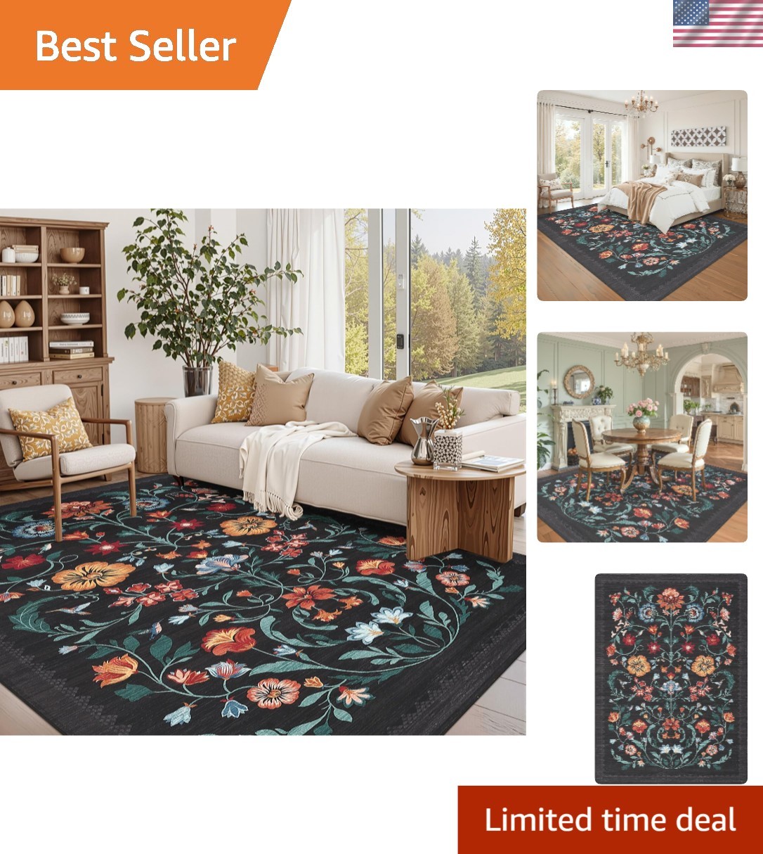Boho Floral 8×10 Area Rug – Child & Pet-Friendly, Low Pile Washable Rug