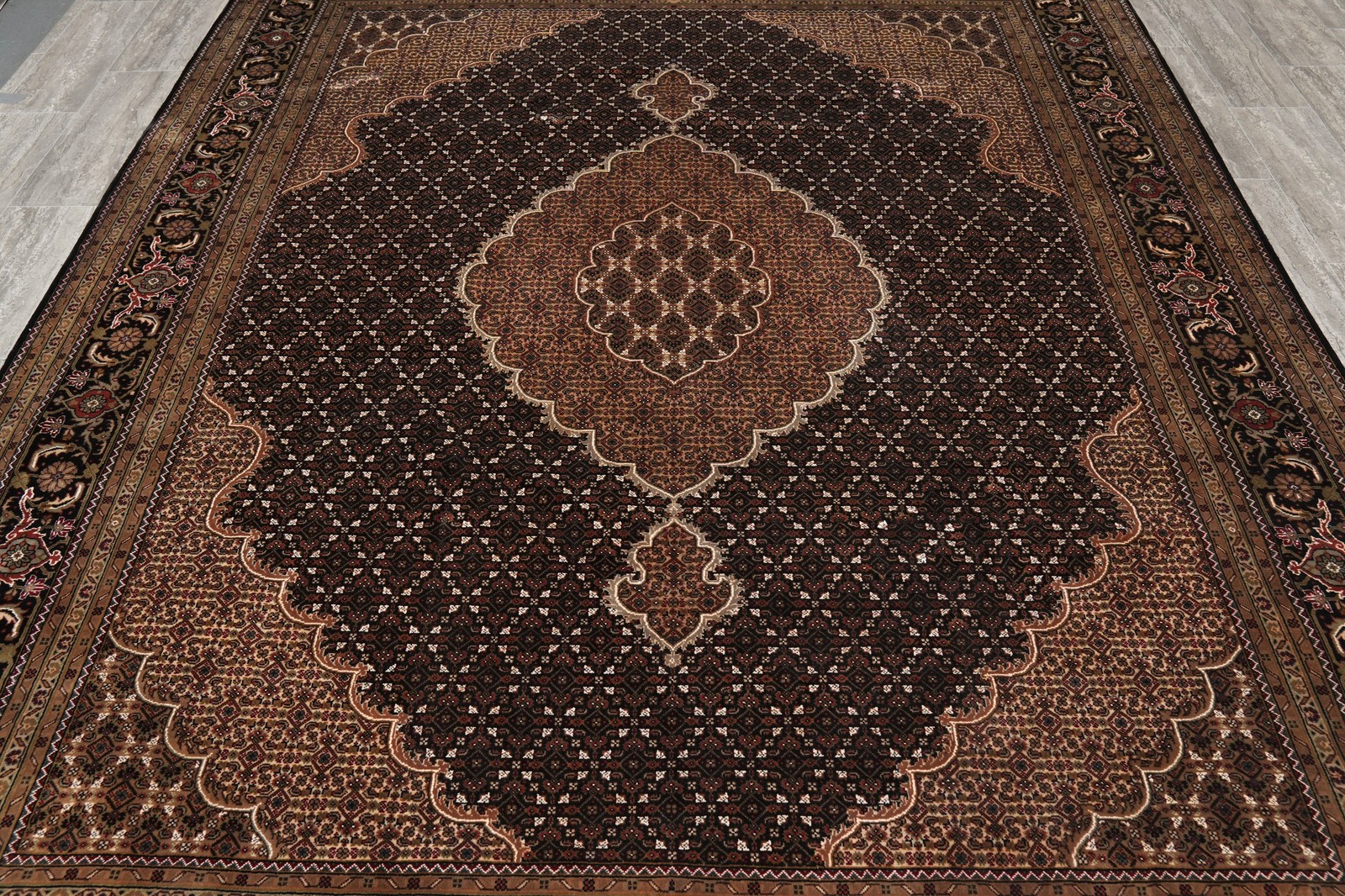 8.2 x 10.4 Mahii Tabriiz Quality Handmade Wool And Silk Area Rug Black #F-4458