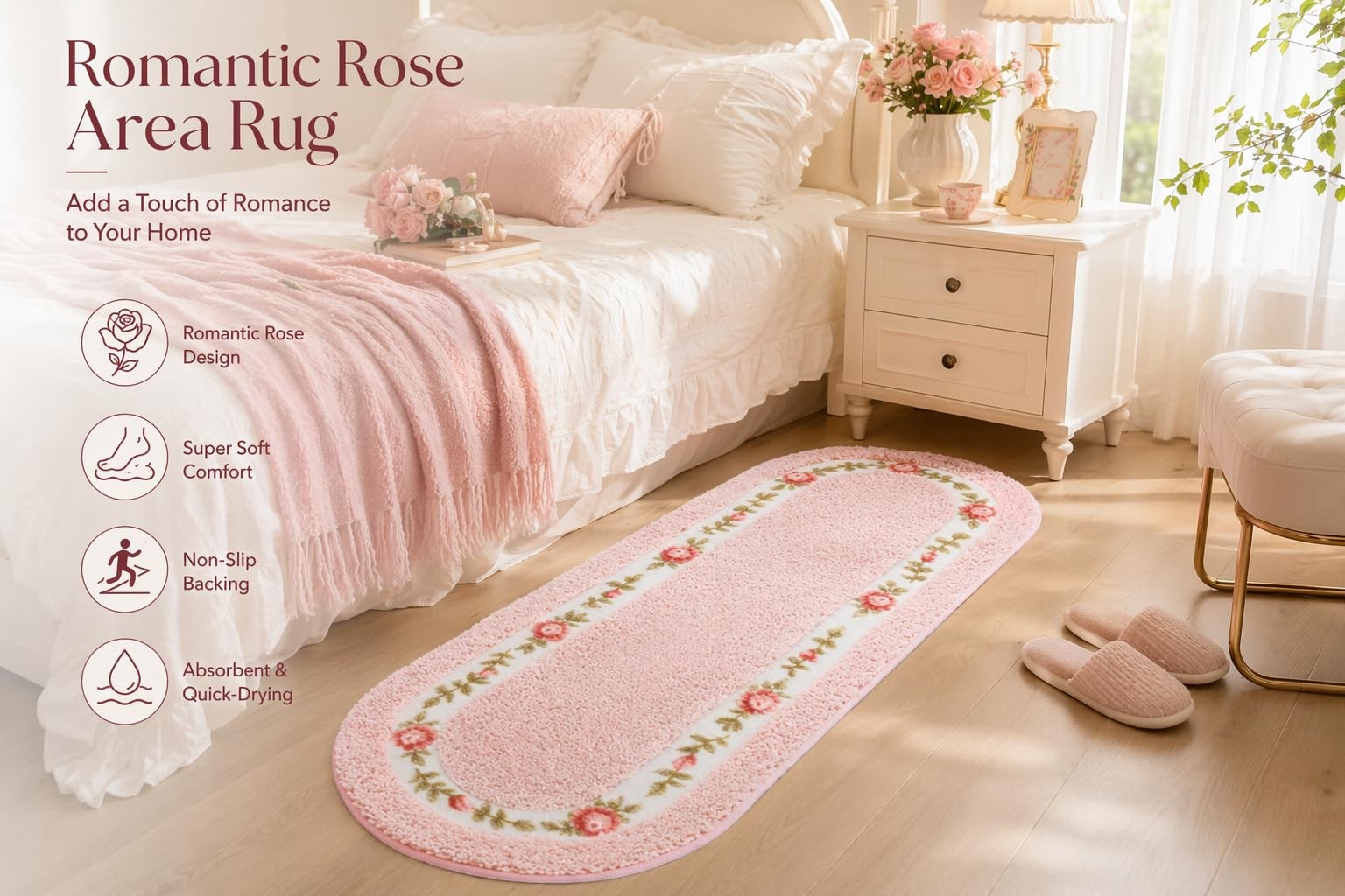 17.71×49.21 Inch Pink Decorative Rose Flower Area Rug Soft Non Slip