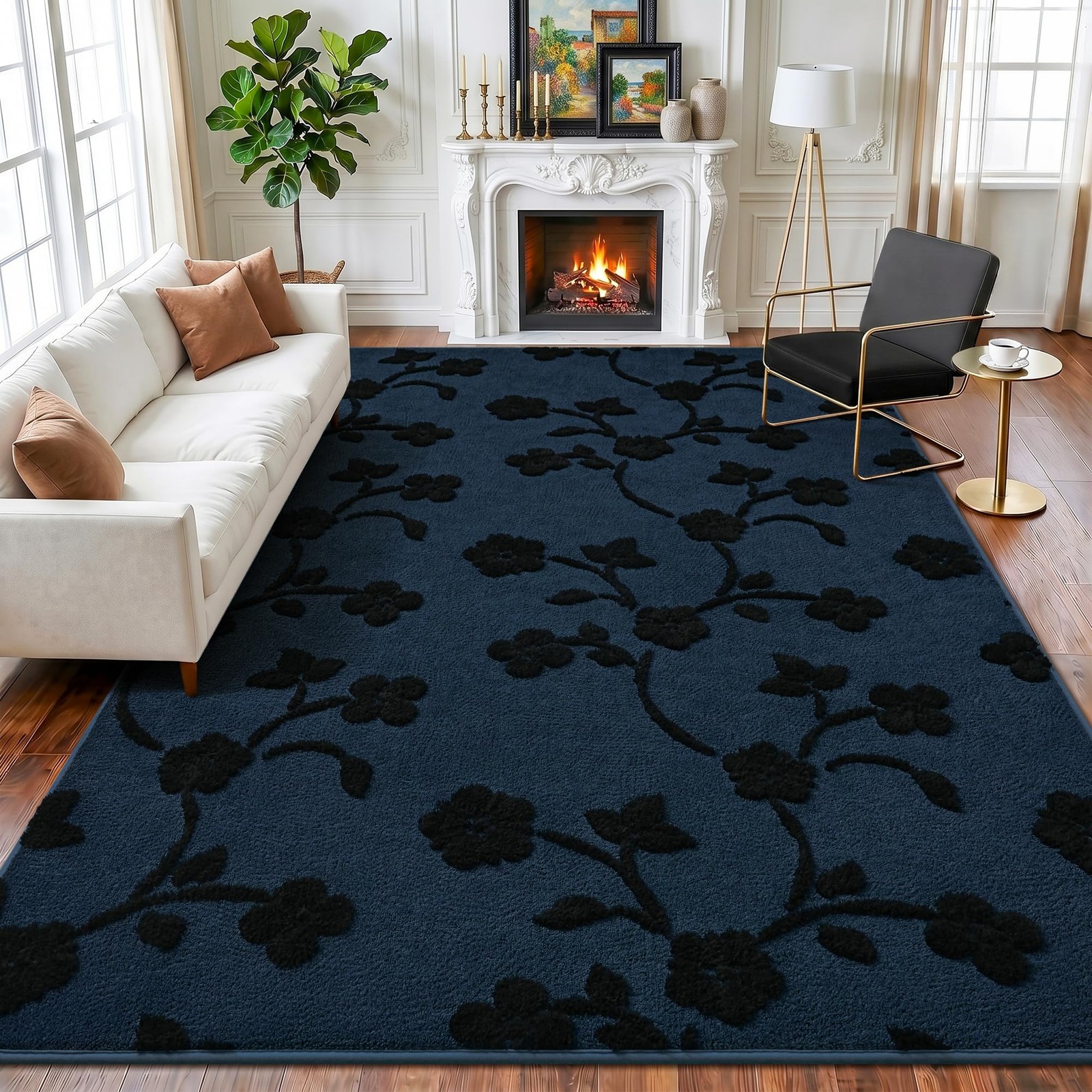 Maxsoft 4×6 Navy Blue Floral Area Rugs Modern Minimalist Thickened | Washable…