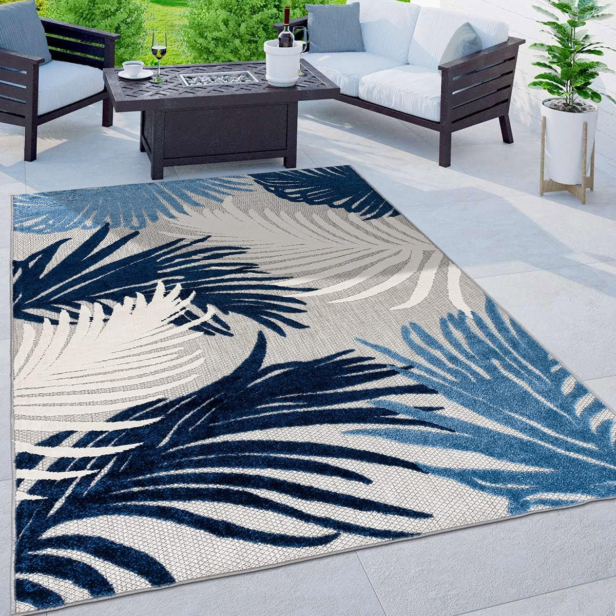 Rugshop Navy Lucca Contemporary Floral Indoor/Outdoor Area Rug Durable Polypropy