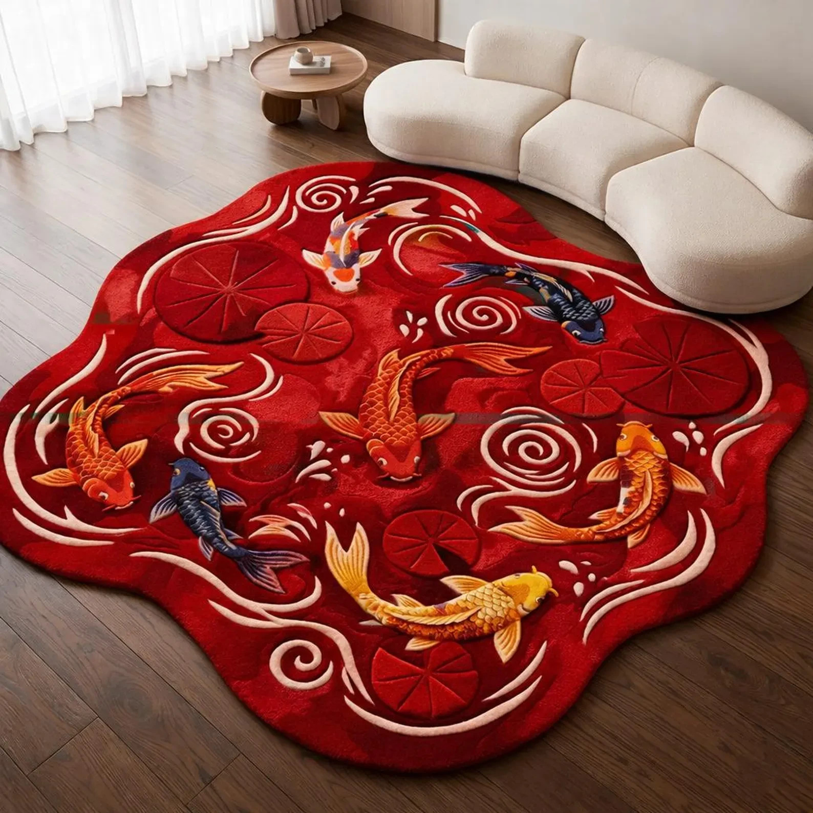 Hand Tufted Koi Pond Rug Teal Gray Artistic Irregular Shape Area Carpet Decor