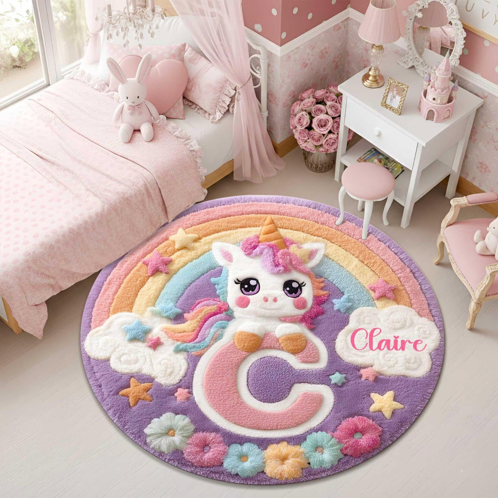Personalized Unicorn Round Rug Cute Rainbow Nursery Rug Custom Girls Room Gift