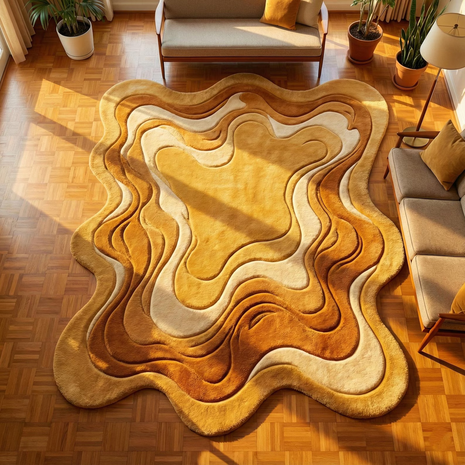 Area Rug Irregular Shape Sculpted Wool Rug, Mid Century Modern Abstract Carpet
