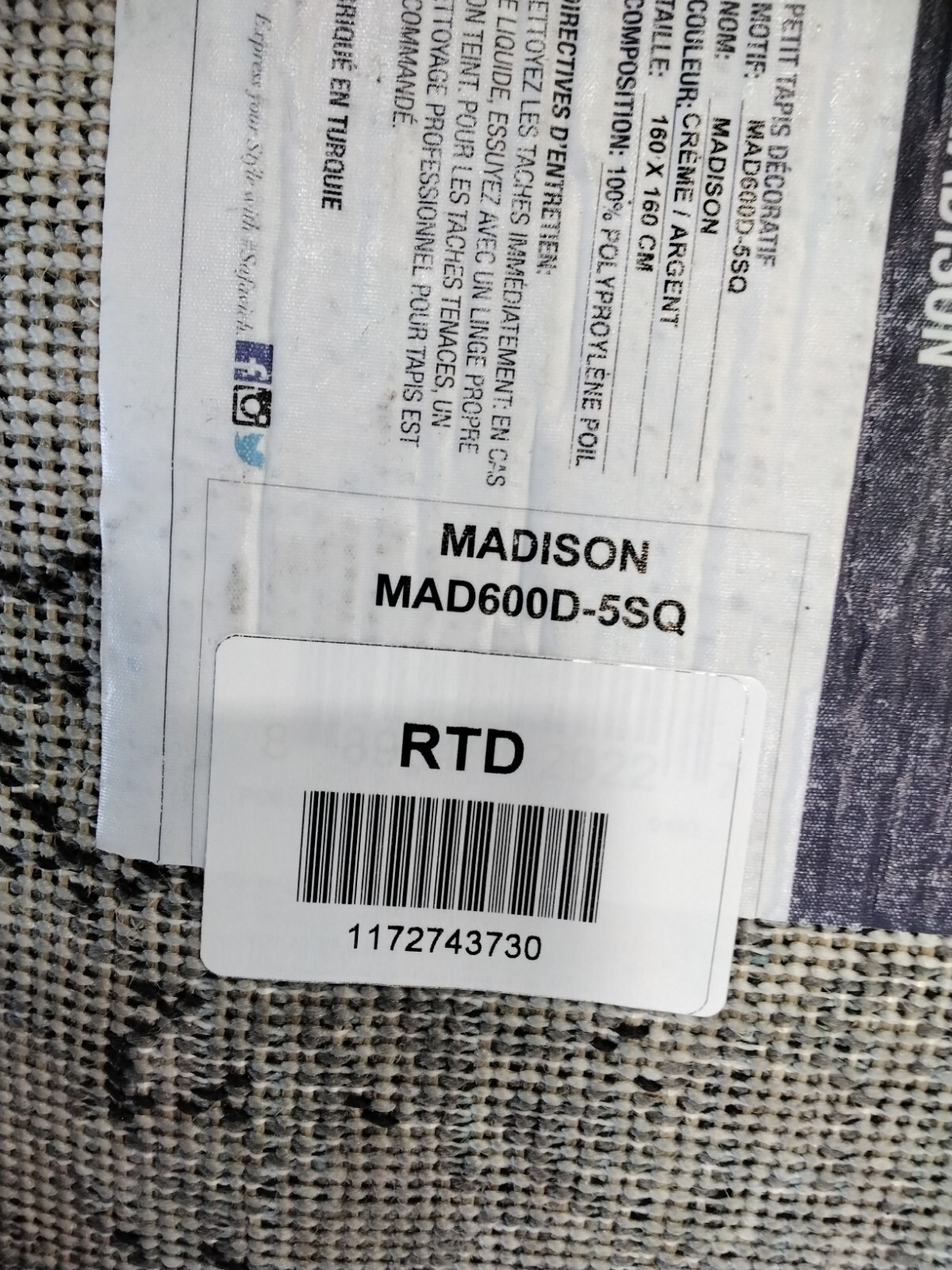 CREAM / SILVER 5′-3″ X 5′-3″ Back Stain Rug Reduced Price 1172743730 MAD600D-5SQ
