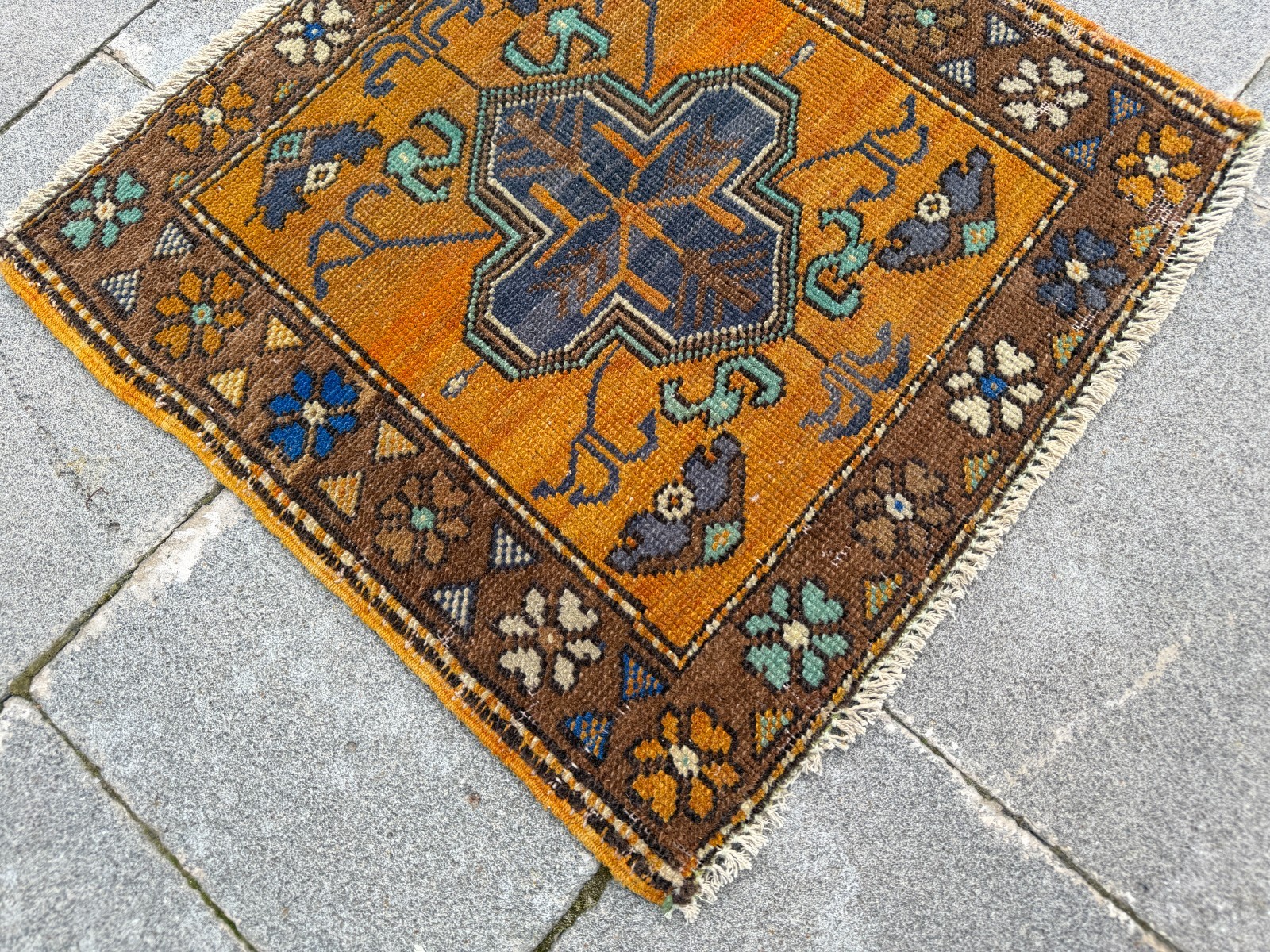 1.9×1.9 ft Vintage Turkish Oushak Square Rug Mustard Yellow Boho Accent Mat