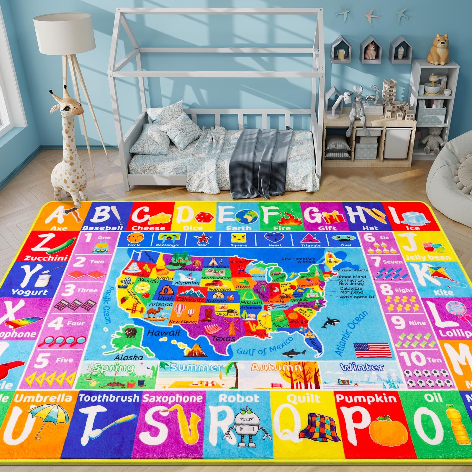 USA Map ABC Kid Rug 59″×39.4″ Non-Slip Playmat for Playroom – Educational