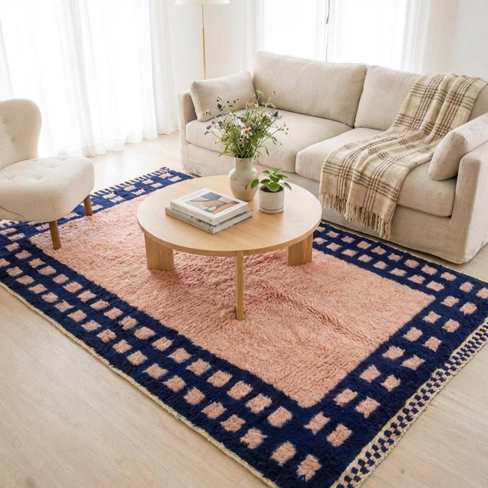 Moroccan Rug Blush Pink Navy Blue Square Border | Handmade Wool Berber Carpet