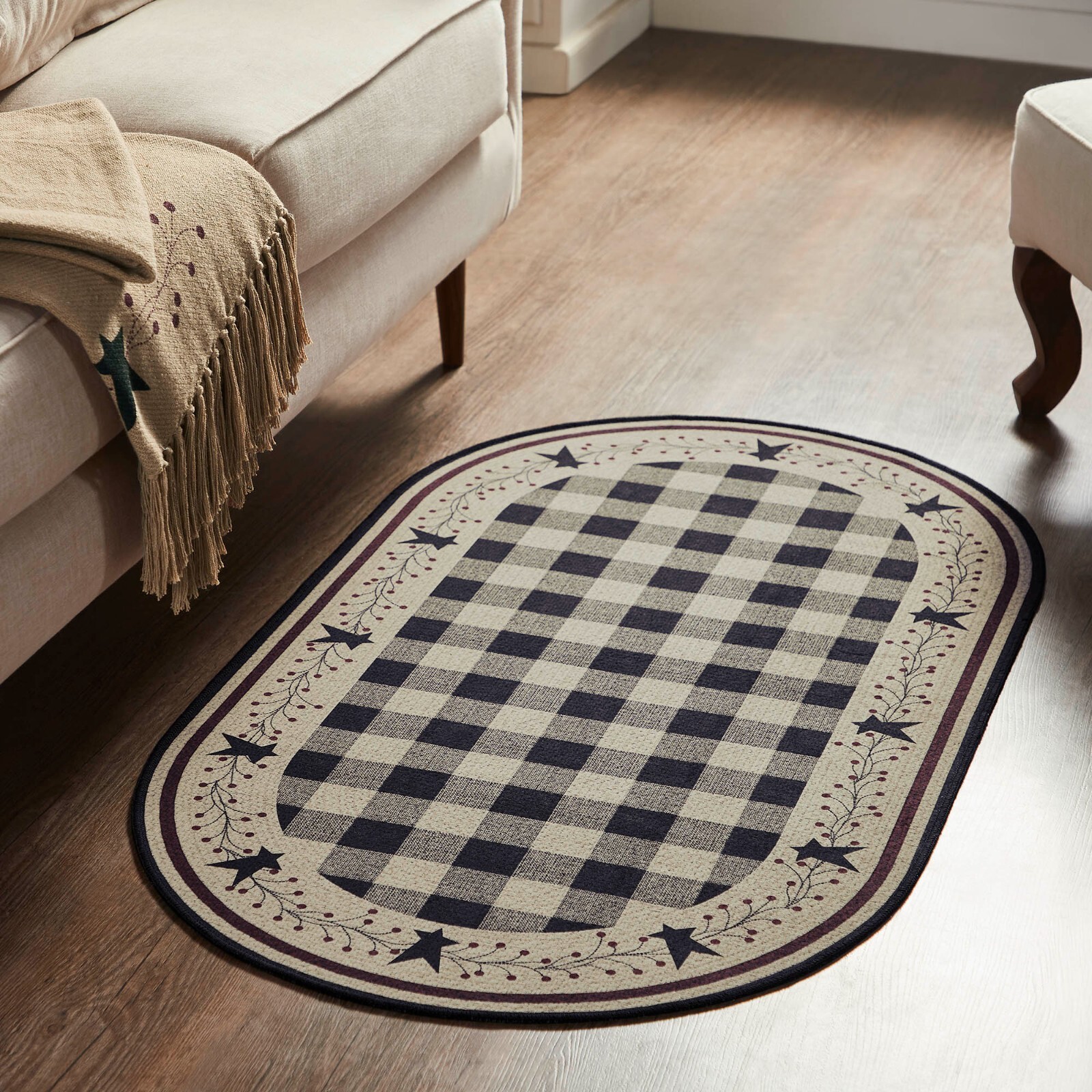 Pip Vinestar Polyester RUG Oval Latex Back 27×48 Country Black Natural Burgundy