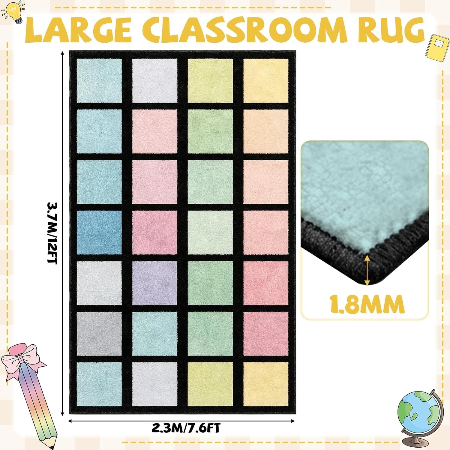 7.6×12 ft Large Pastel Color Squares Classroom Rug Colorful Educational Area Mat