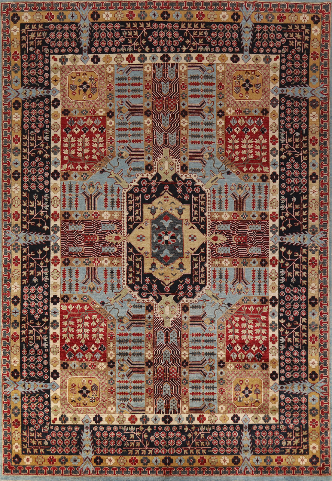 Vegetable Dye Vibrant Color Geometric Kazak Pakistani Area Rug Blue 9×11 ft