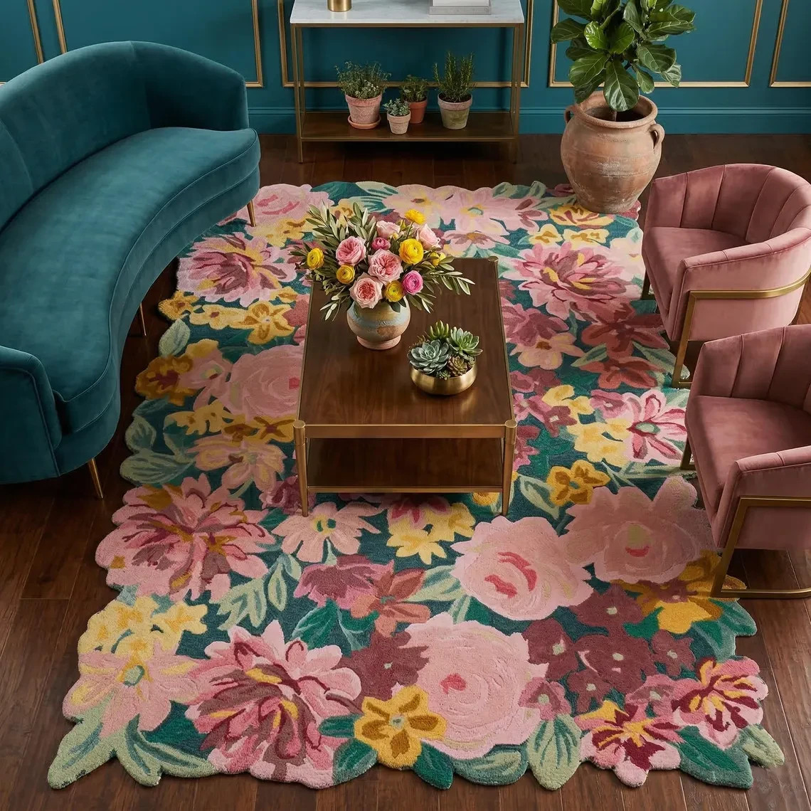 Hand Tufted Wool & Silk Area Rug, Colorful Botanical Floral Design, Boho Carpet