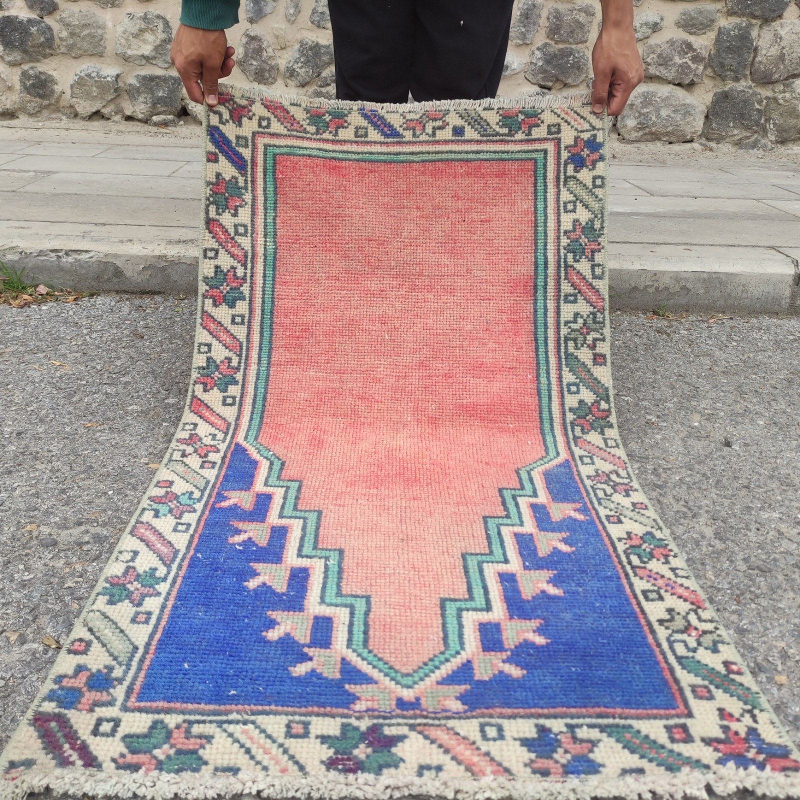 Vintage kitchen rug 2×4 mini runner rug 2.1 x 3.74 ft. prayer carpet 64 x 114 cm