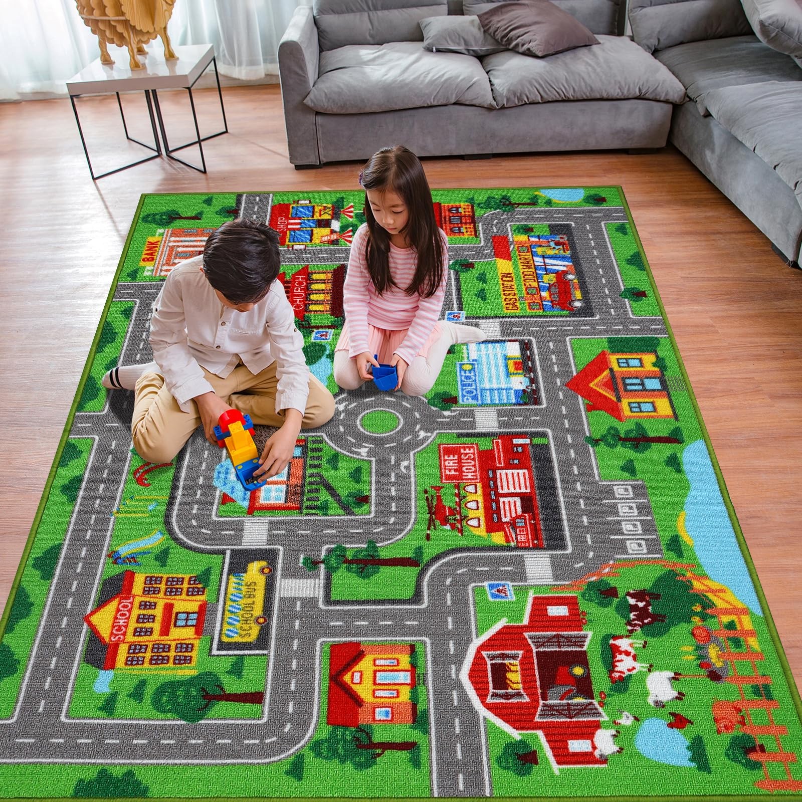 Kids Playmat Rug 59″x39.4″ Non-Slip Car and Town Road Map for Playroom Bedroom (