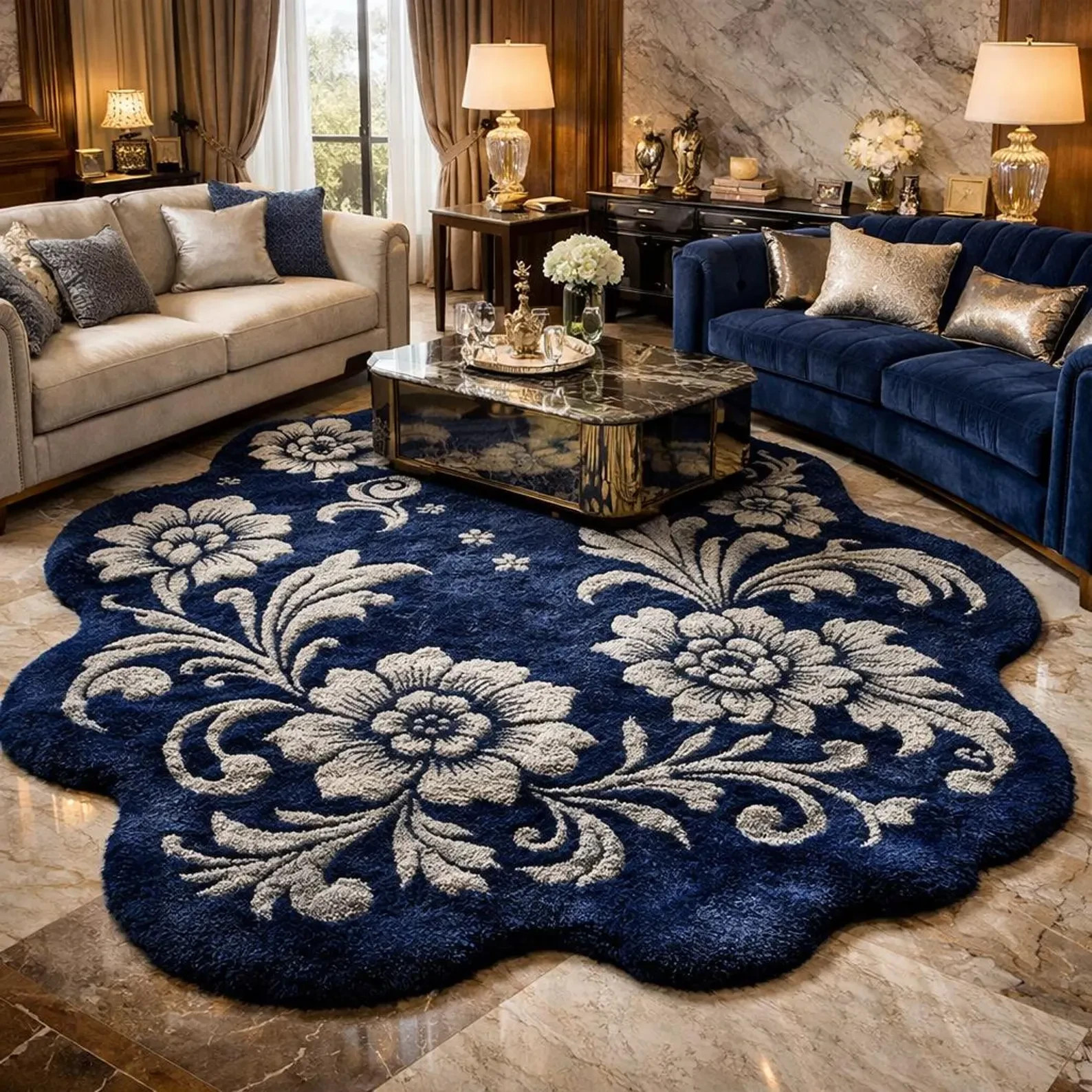 Hand Tufted Wool Rug – Navy Blue & Silver Floral, Blob Shape