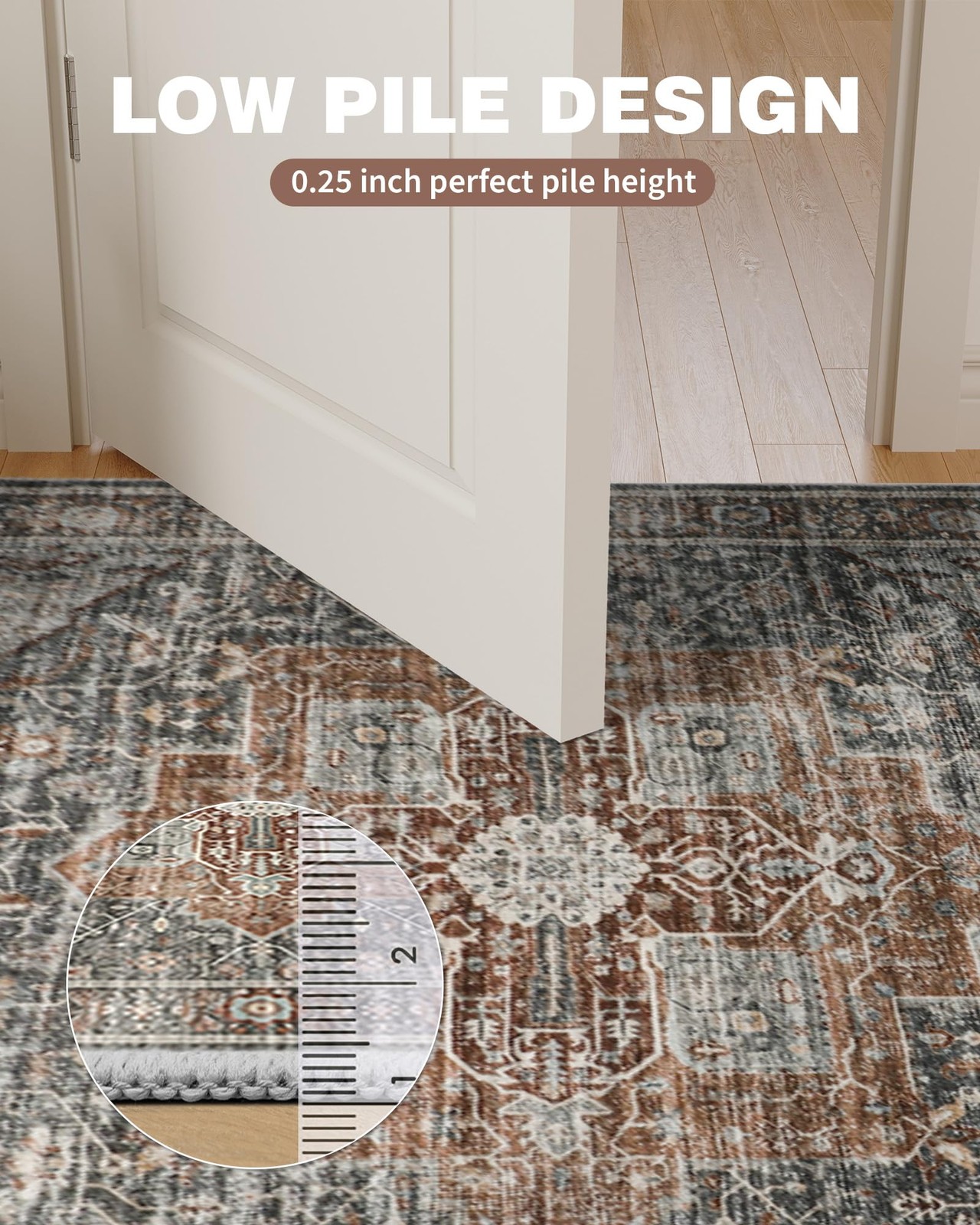 8×10 Washable Area Rugs, Vintage Non Slip Rug, Grey/Brown/Tan