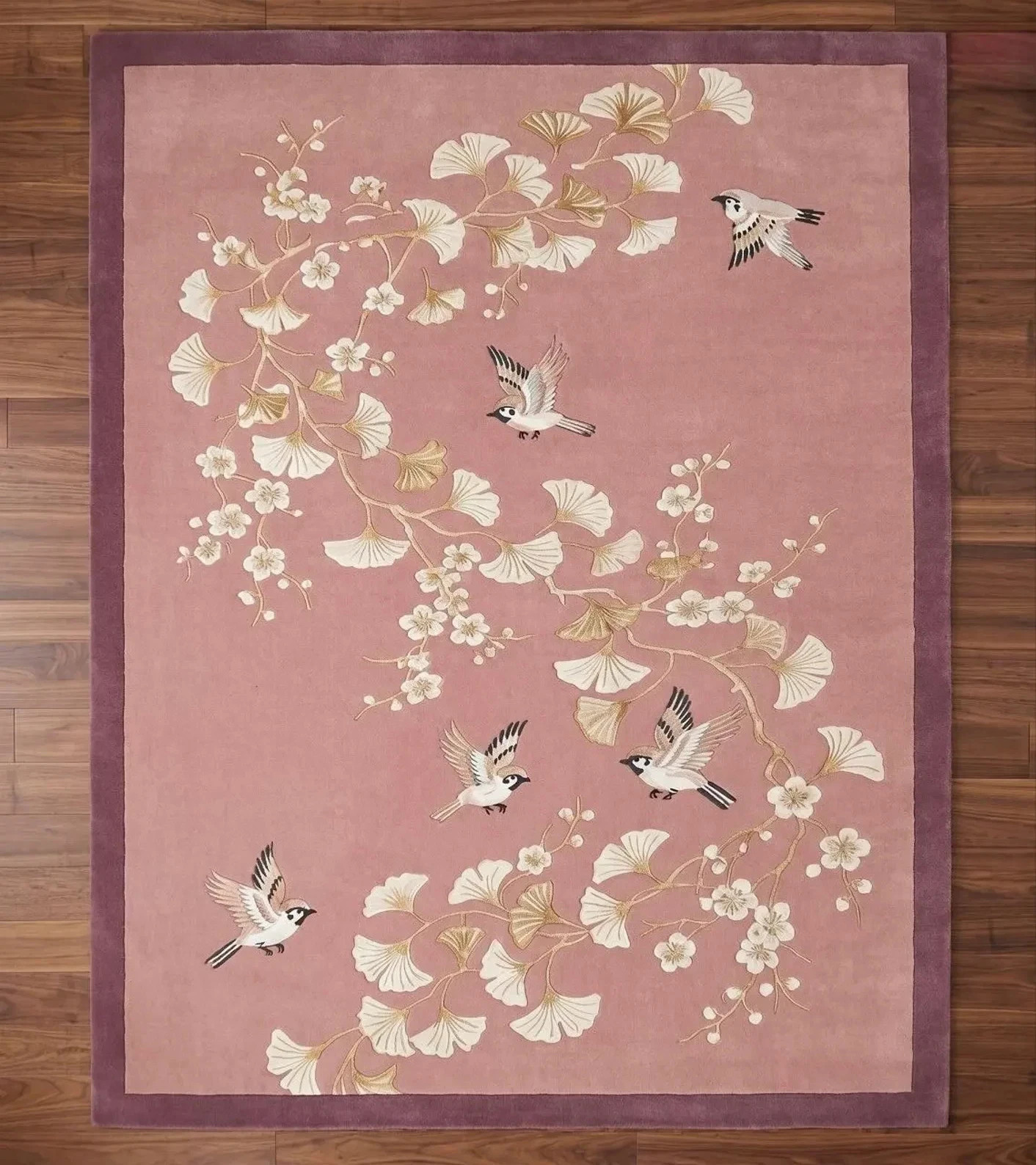 Hand-tufted Wool Rug: Pink Chinoiserie Floral Bird Ginkgo Design Area Carpet Rug