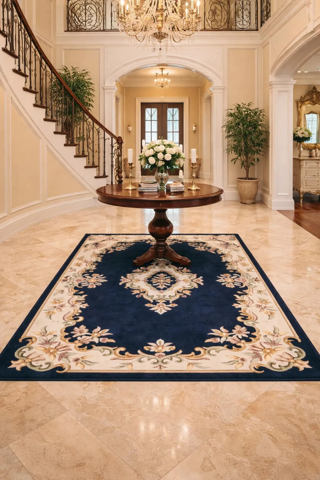 Dark Blue Ivory Abushan Rug – Hand Tufted Wool Area Rug – Navy Floral Medallion