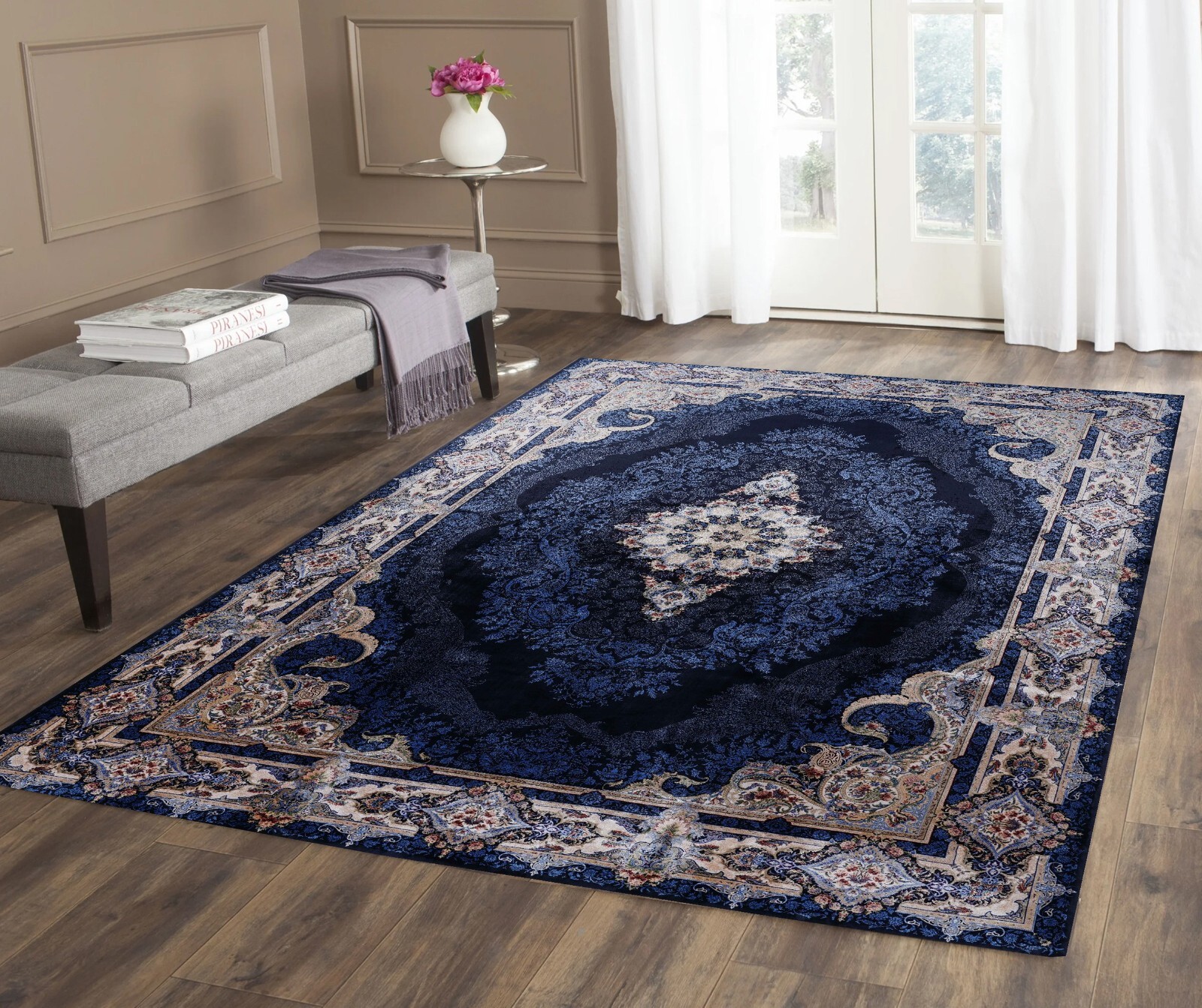 Navy Delight: Dark Blue Oriental Turkish Carpet for Living Room Office Bedroom